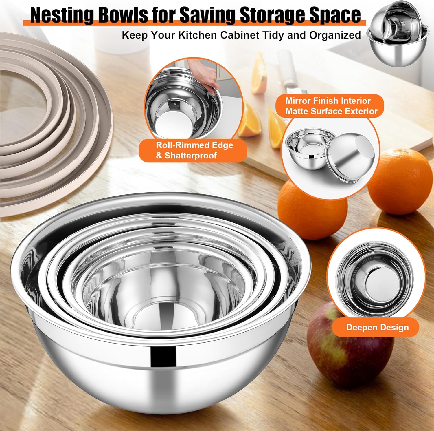 E-far Mixing Bowls Set of 5, Stainless Steel Salad Mixing Bowl with Transparent Lid, Metal Nesting Bowl Attach with 3 Graters for Kitchen Prepping/Serving/Baking/Storage, 4.6/2.6/1.5/1/0.7 QT - Khaki