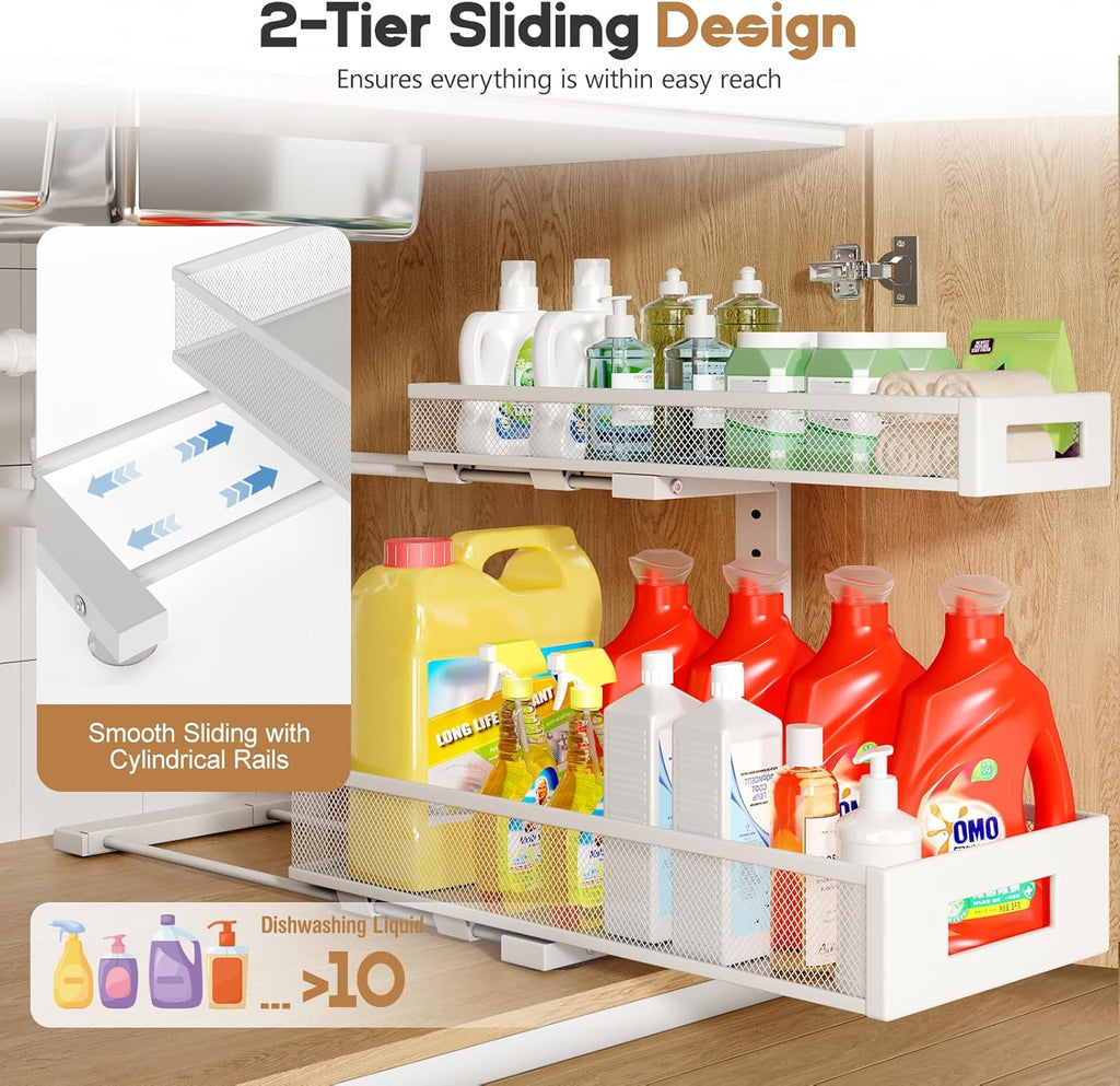 2 Pack 19IN Depth Under Sink Storage Organizer, Large 2-Tier Elegant Mesh Pull Out Shelf for Kitchen and Bathroom Cabinet Organization, L-Shaped and Adjustable Height Design-White