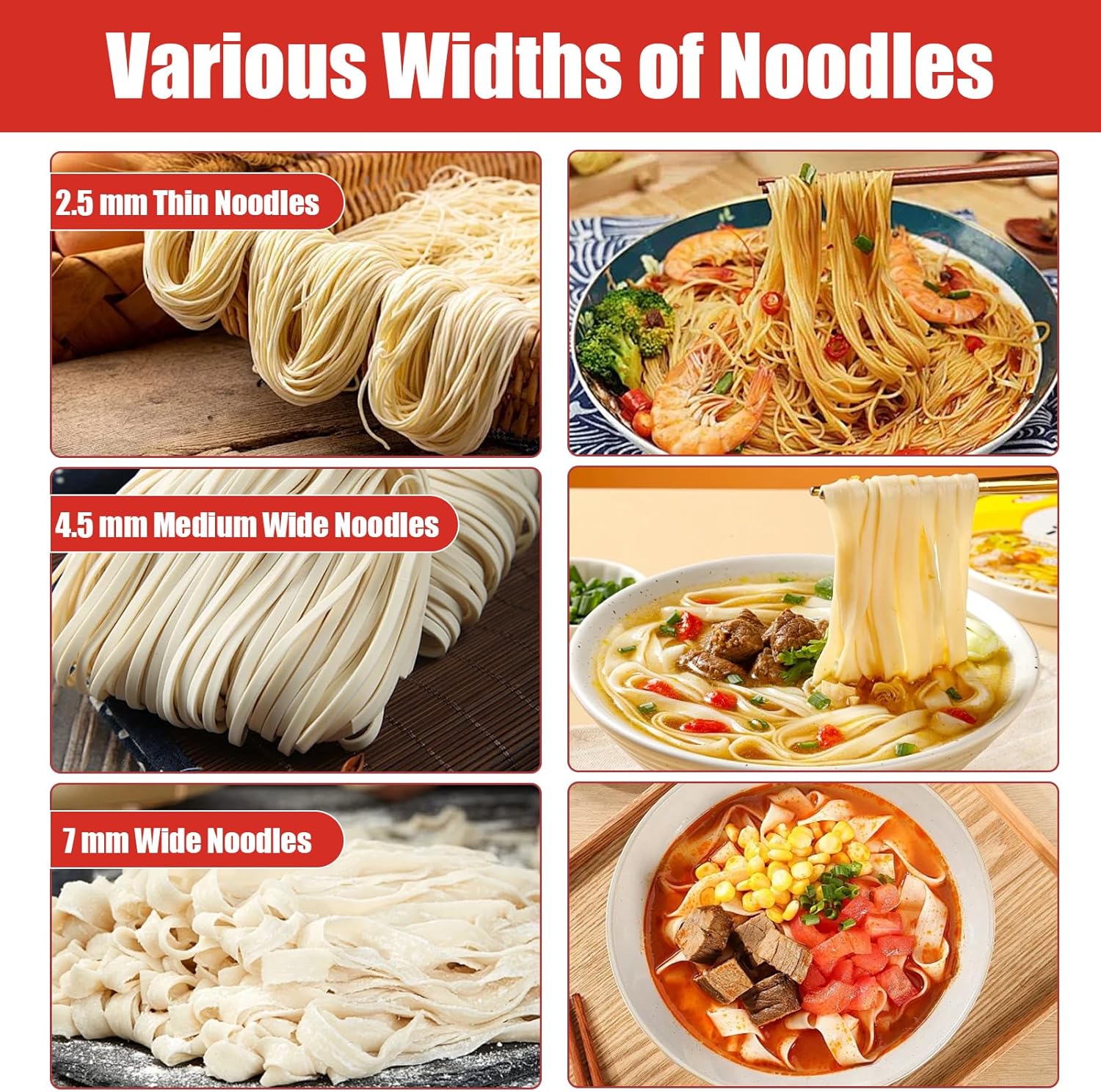 Pasta Maker Machine-6 Adjustable Thickness Settings, Adjustable Clamp, stainless steel Construction for Spaghetti, Fettuccini, Lasagna, Dumpling Skins (Red pasta maker)