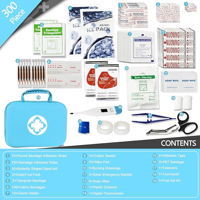 300PCS Home First Aid Kit for Hiking Car Home Emergency Kit First Aid Handheld Bag Multiple Purpose Case Outdoor Backpacking Gear for Disaster Preparedness Blue