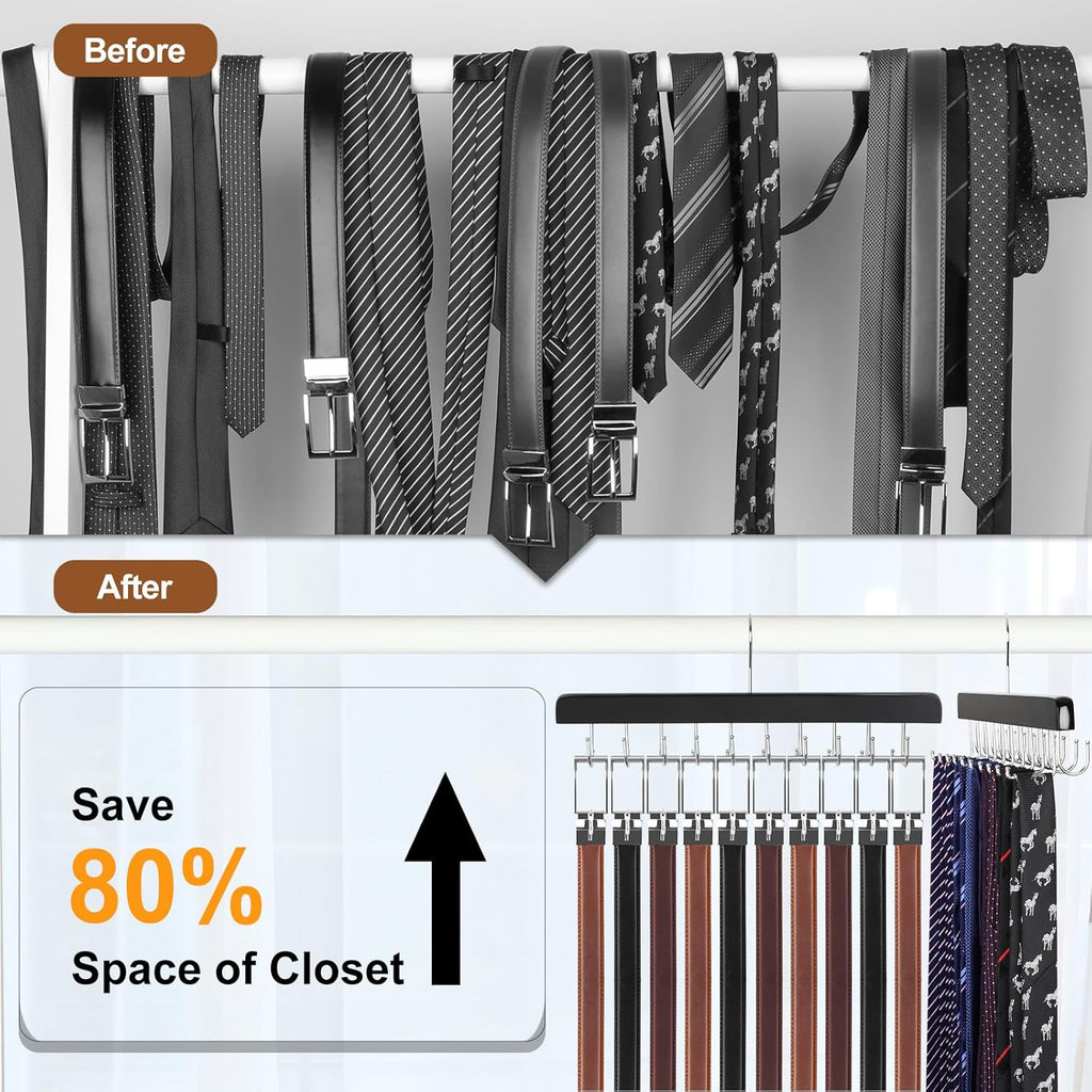 TOPIA HANGER 2 Pack 2 in 1 Belt Tie Hanger for Closet Max 60 Belts with 60 Ties Capacity, 40 Hooks Belt Tie Racks Wooden Hanger for Closet Organizer Storage “U” Fit Belt and “一” Fit Tie - CT52B