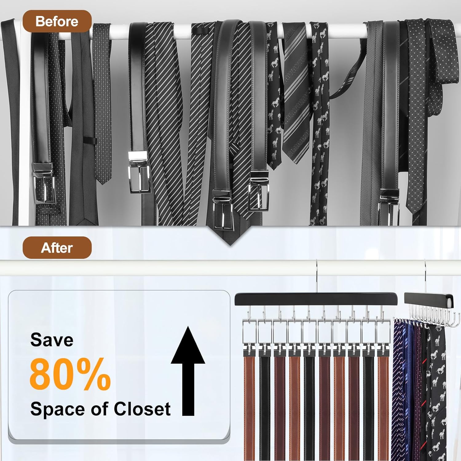TOPIA HANGER 2 Pack 2 in 1 Belt Tie Hanger for Closet Max 60 Belts with 60 Ties Capacity, 40 Hooks Belt Tie Racks Wooden Hanger for Closet Organizer Storage “U” Fit Belt and “一” Fit Tie - CT52B
