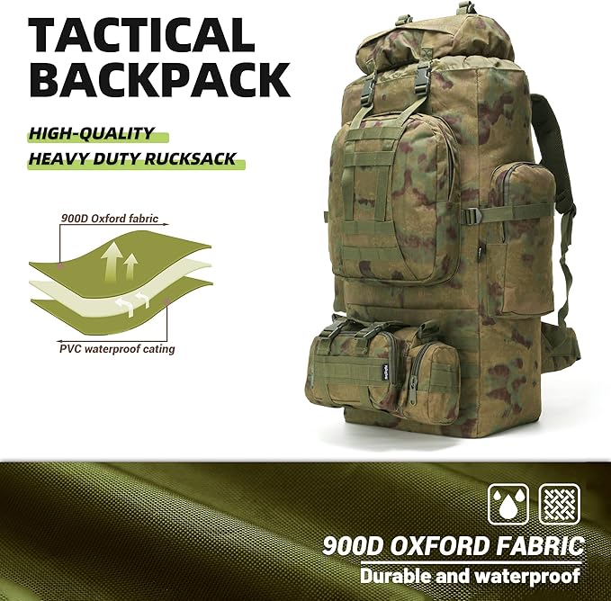 100L Camping Hiking Backpack,Molle military Tactical rucksack backpack,Waterproof Lightweight Hiking Backpack (Ruin Green)