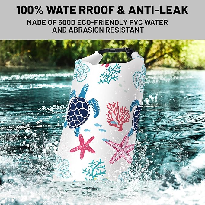 Waterproof Dry Bag,Roll Top Sea Turtle Coral Starfish Waterproof Backpack 5L/10L/20L Floating and Lightweight Bags for Kayaking, Boating, Fishing, Swimming and Camping with Waterproof Phone Case