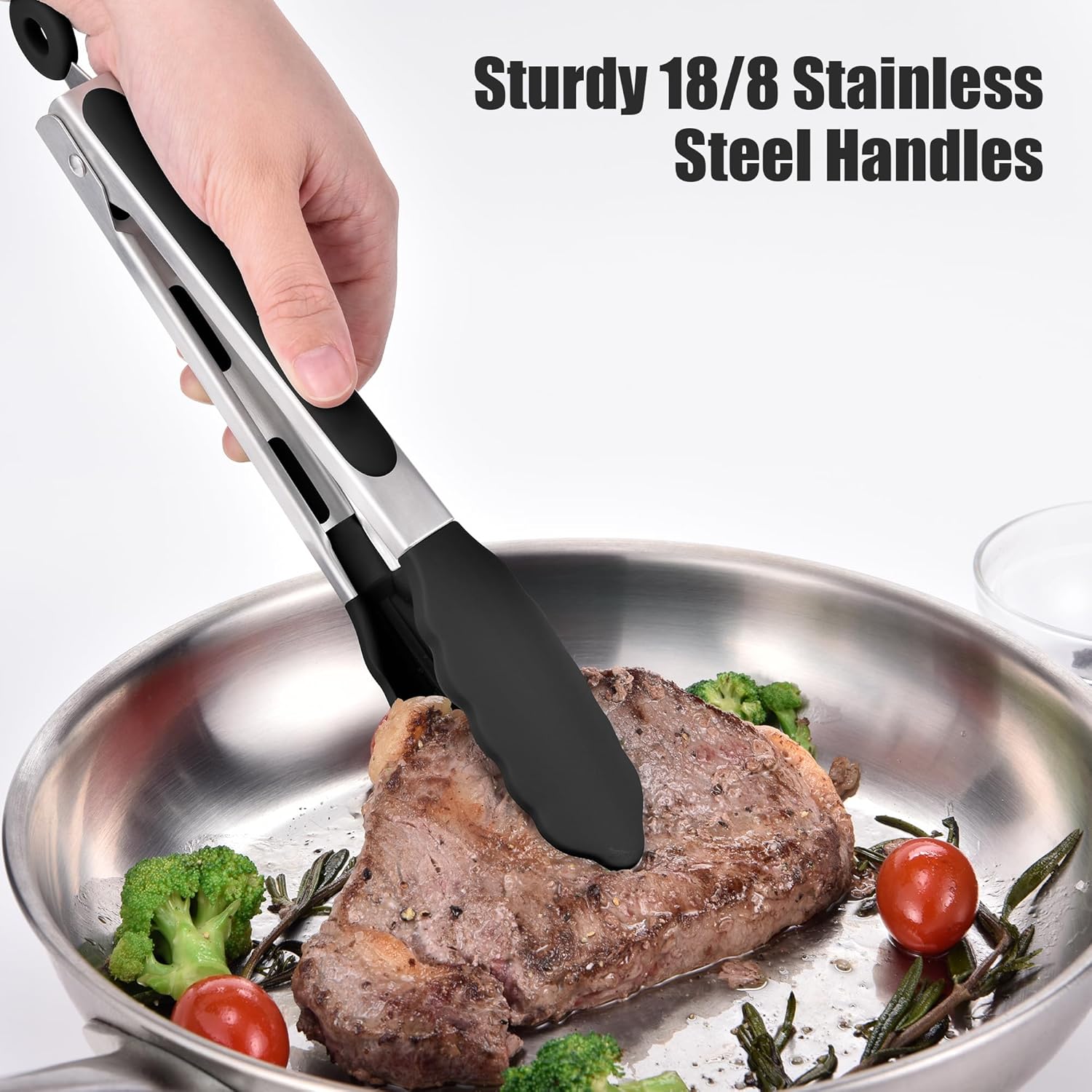 Doosu Kitchen Tongs for Cooking - 600°F Heat Resistant Food Tong with Non-Scratch Silicone Tips, Heavy Duty Stainless Steel Locking Tong for BBQ, Grilling Steak, Serving Salad, Pasta (9in, Black)