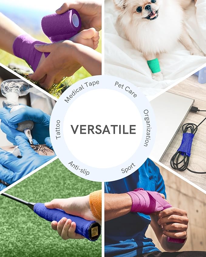 FriCARE Self Adhesive Bandage Wrap, Medical Tape in First Aid Kit, Cohesive Bandages for Wounds Sport Vet, FSA/HSA Eligible, 2 Inches X 5 Yards 12 Rolls, Energetic