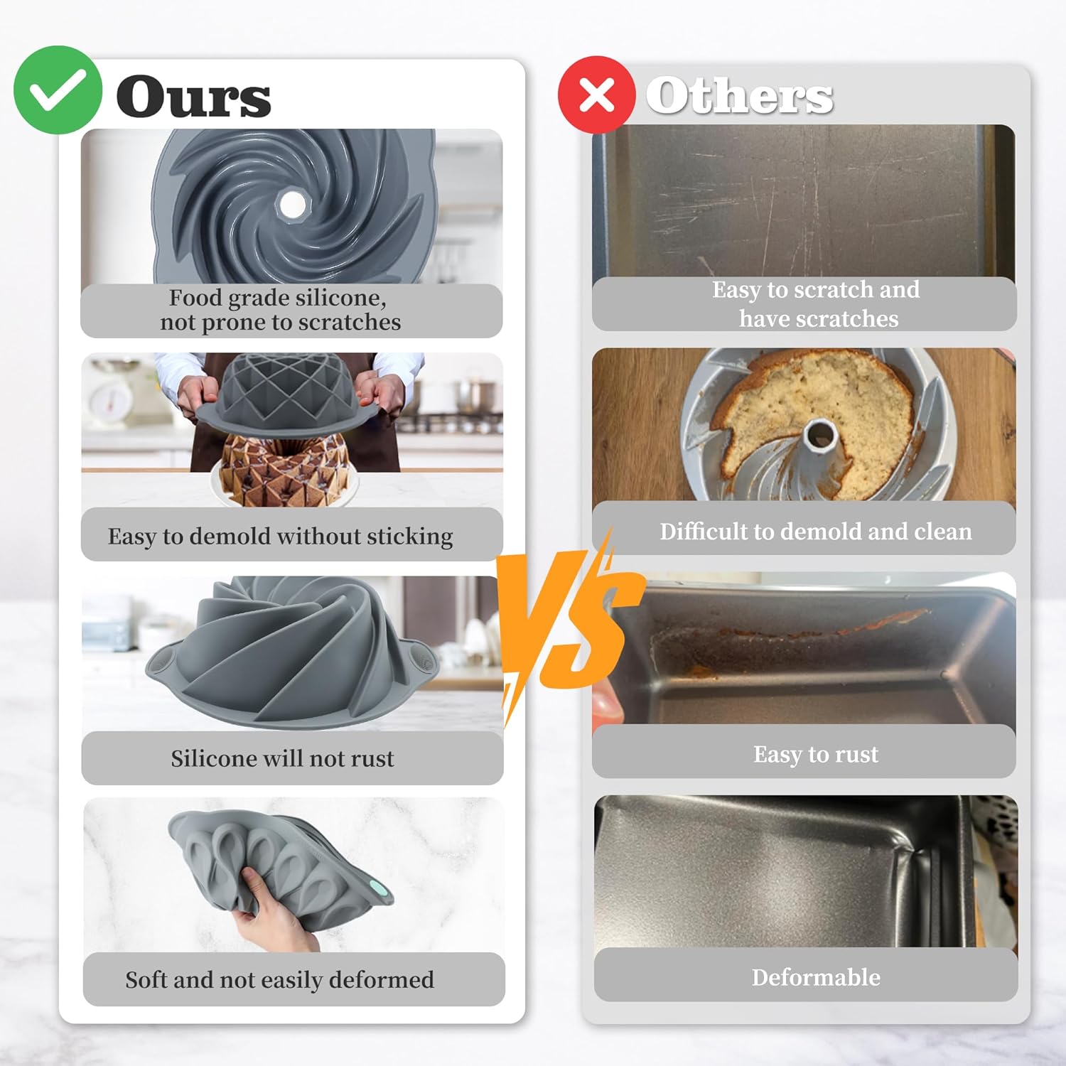 Tongjude 4 Pieces Silicone Fluted Cake Pans, 6/7/8 Cups Tube Baking Pan, Non-Stick Kitchen Oven Baking Pans, Silicone Molds for Homemade Cake, Bread and Jello, Grey