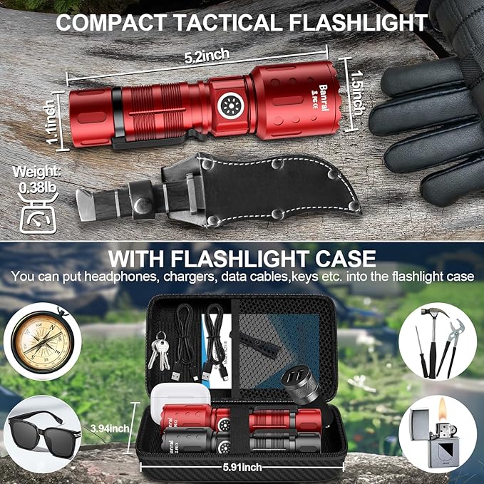 Rechargeable Flashlights 20,000 High Lumens, 1500M Long Throw Super Bright LED Small Powerful Flashlight with Memory Function, 6Modes Pocket Waterproof Flash Light for Camping,Hiking (2, Black/Red)