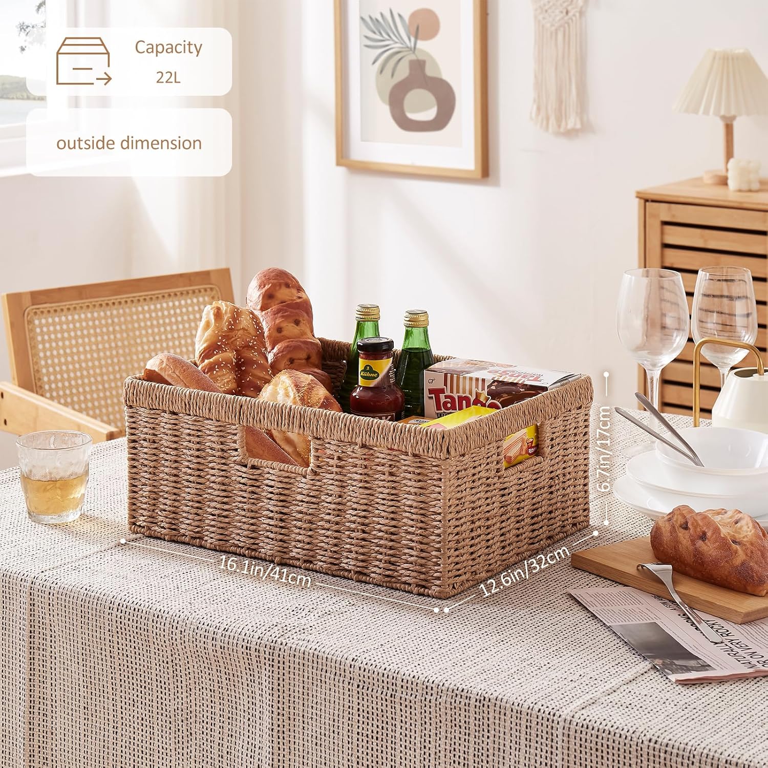 OIAHOMY Wicker Basket, Paper Shelf Basket with Built-in Handles, Rectangular Wicker Storage Bin for Pantry, Shelves, 1 Pack-Yellow