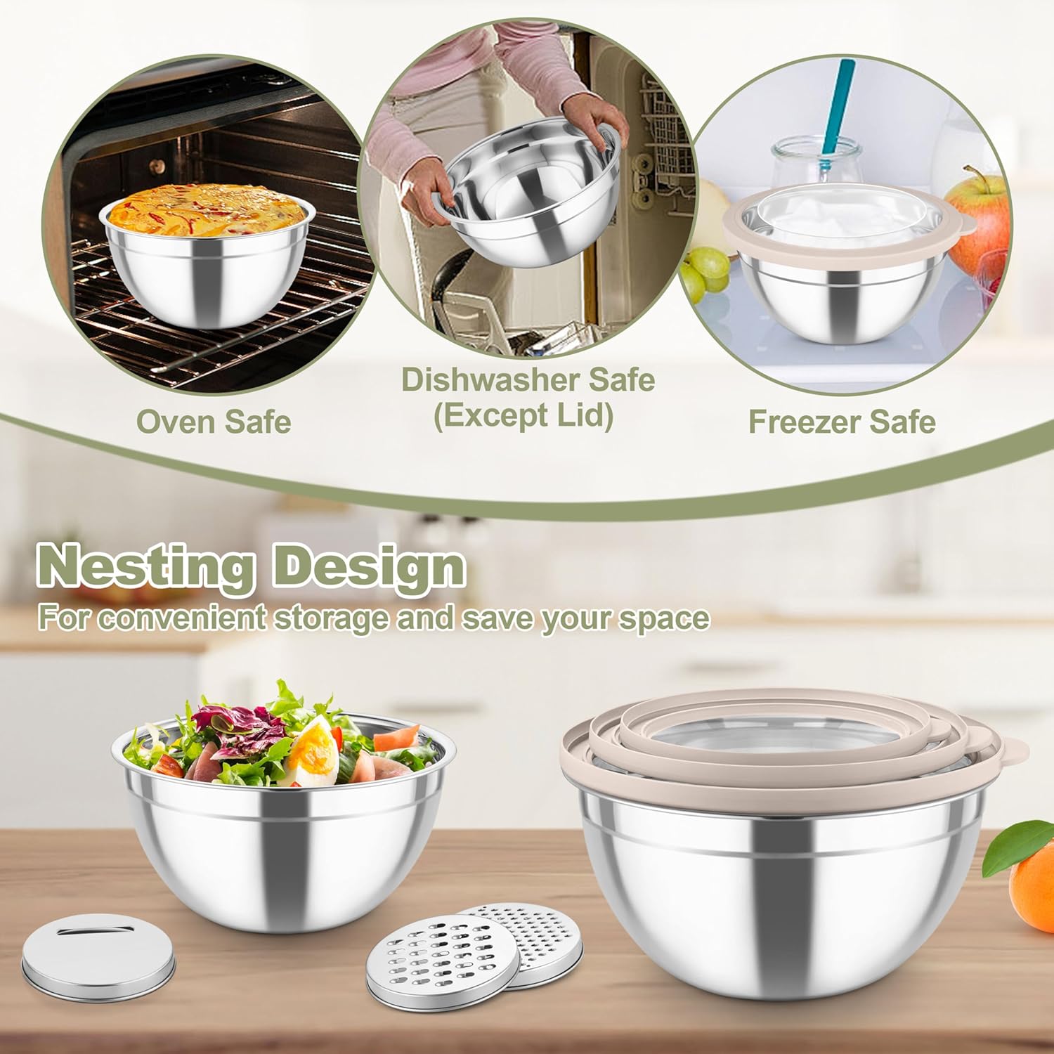 TeamFar Mixing Bowls, Stainless Steel Salad Serving Bowl with Clear Lids & 3 Graters, For Kitchen Cooking Prepping Storing, Size 4.6/2.6/1.5/1/0.7 QT, Nesting & Airtight, Set of 5 & Khaki