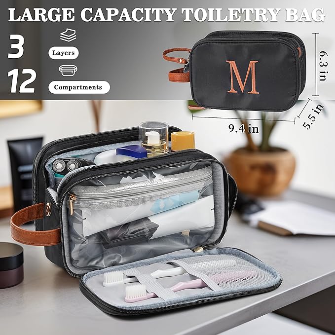 YOOLIFE Toiletry Bag for Women Men - Initial Travel Toiletry Bag Organizer Dopp Kit Water Resistant Personalized Gifts