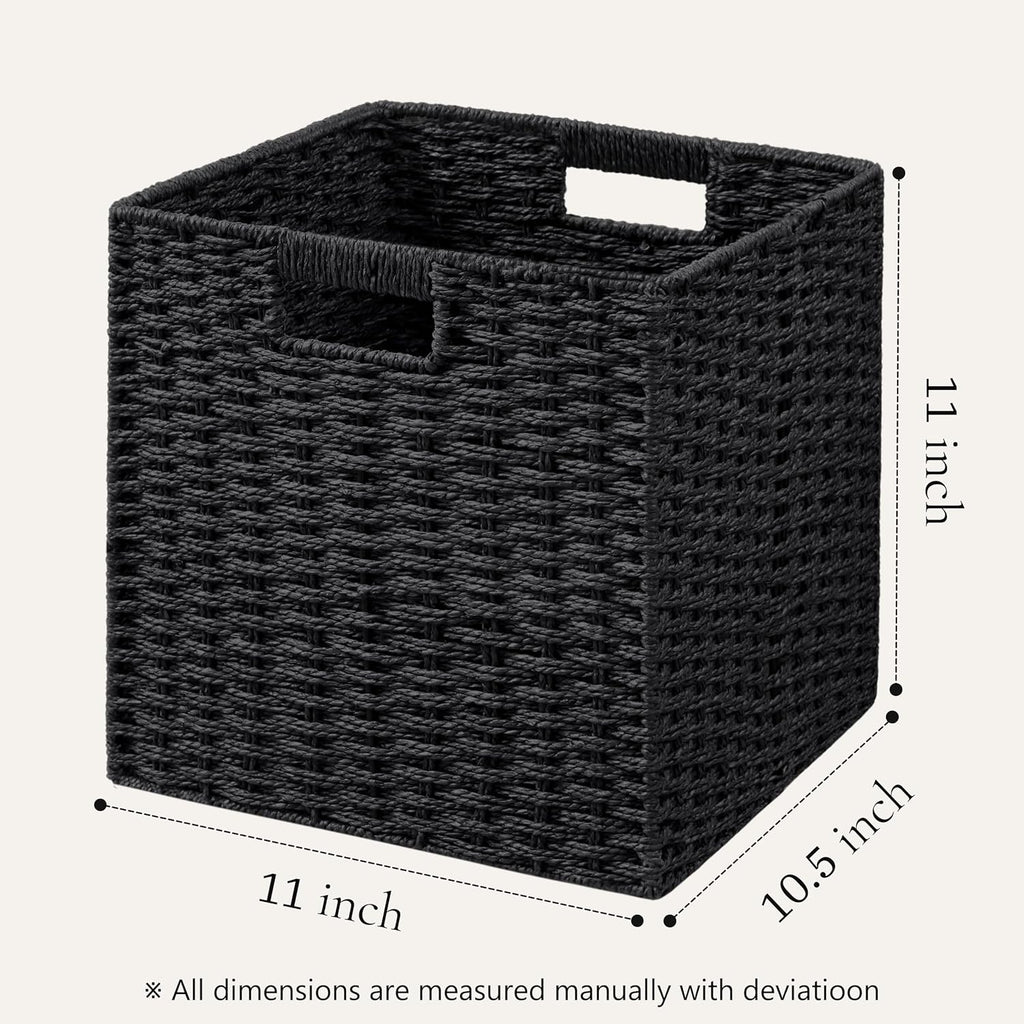 UBBCARE 4 Pack Wicker Basket, 11L×11H×10.5W inch Woven Paper Rope Storage Baskets for shelves, Foldable Cube Storage bin with Handle, Storage Basket for Organizing & Decor, Black