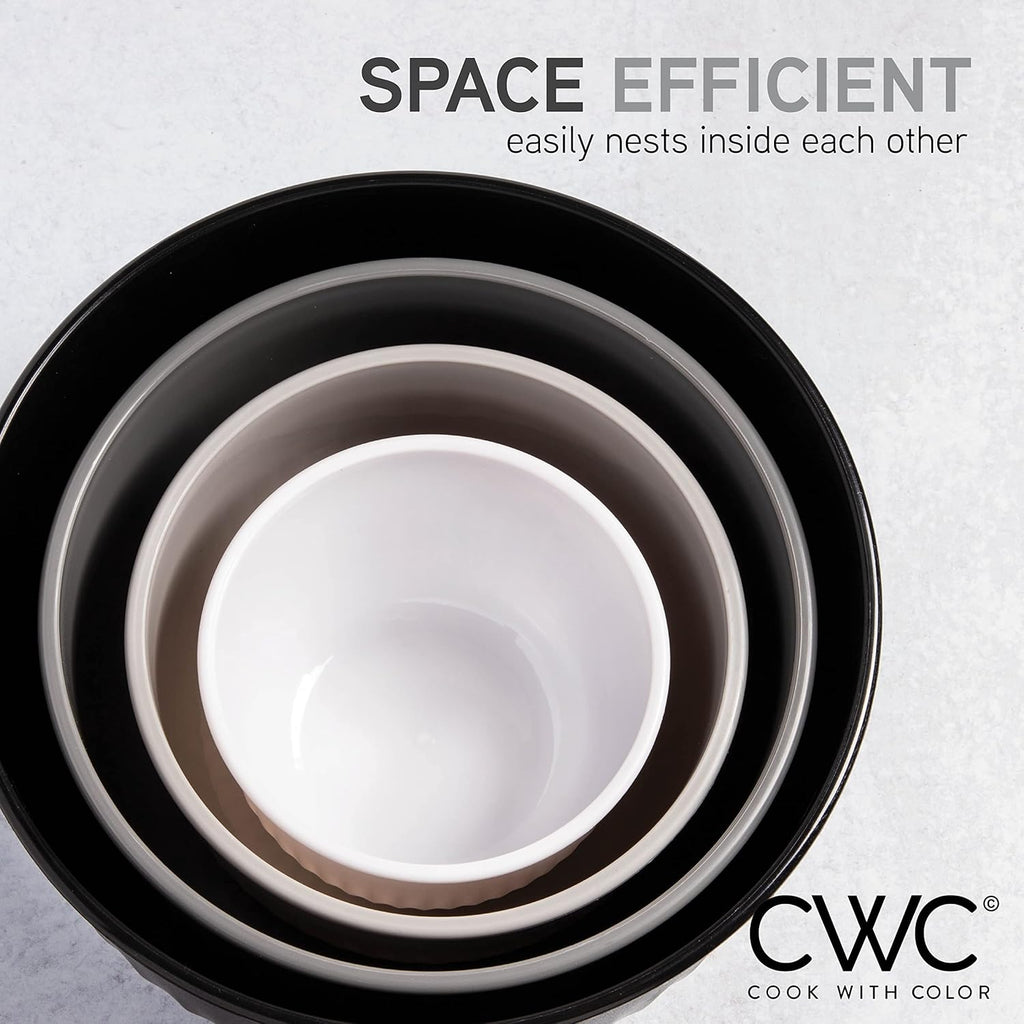 COOK WITH COLOR Prep Bowls with Lids- Wide and Deep Nesting Plastic Small Mixing Bowl Set with Lids, 8 Piece Set - Wide Bowls, Black/White