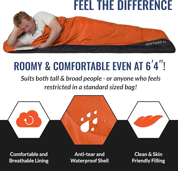 VENTURE 4TH Backpacking Sleeping Bag – XXL, Double and Single Sizes - Lightweight Warm & Cold Weather Sleeping Bags for Adults, Kids & Couples – Ideal for Hiking, Camping & Outdoor Adventures