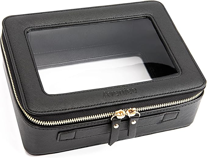 Aveniee Clear Makeup Bag Organizer, Portable Travel Toiletry Cosmetic Bag Case for Women, Heavy Duty Clear Pouch with zipper with Transparent Vinyl Windows & Gold Zippers(Black)