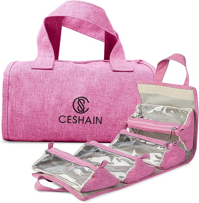 4-in-1 Hanging Toiletry bag - Roll-Up Makeup Bag - 4 Detachable PVC Zip Pouches – 600D Oxford Fabric, Versatile Travel Toiletry Organizer Bag - Makeup, Cosmetics, First Aid, Medicine Personal Care,