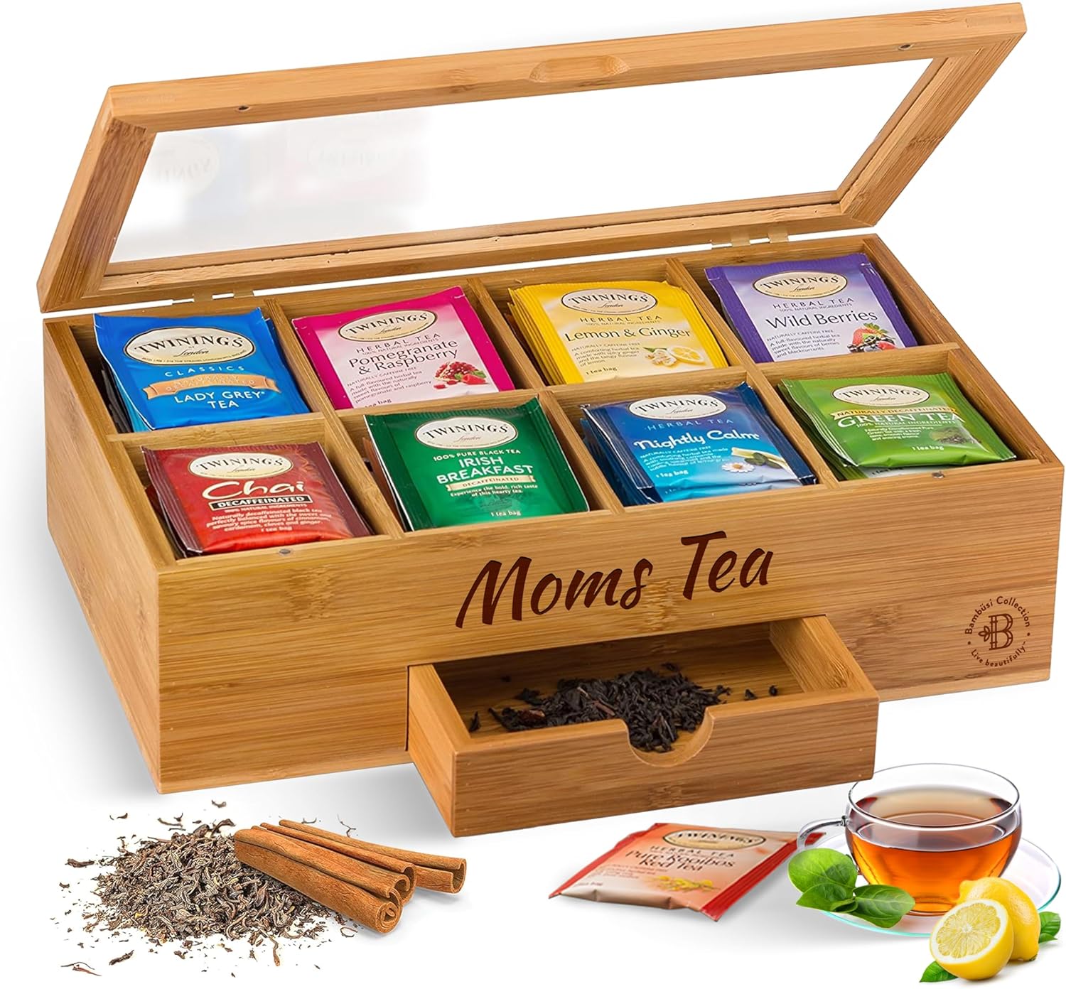 Bambüsi Personalized Tea Organizer - Engraved Bamboo Tea Box, 8 Compartments, Acrylic Window, Magnetic Lid - Unique Gift for Tea Enthusiasts