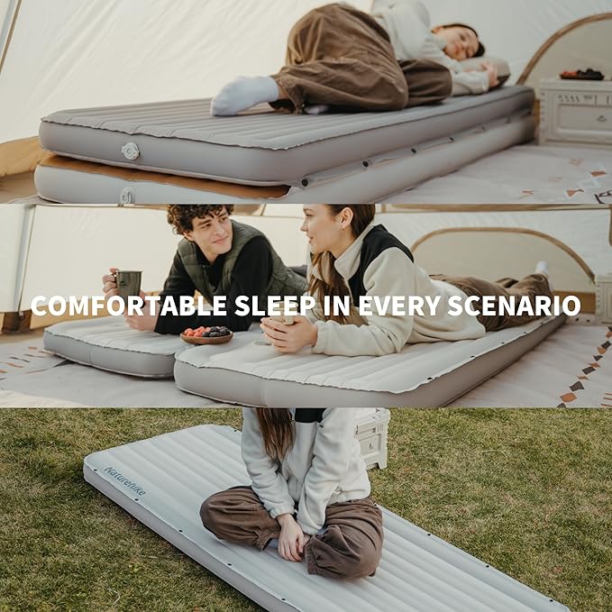 Naturehike Single Camping Mattress, Splicable Sleeping Pad with Air Pump Sack, 3.74" Thick Sleeping Mats with Strong Support for Travel, Car, Tent, Home