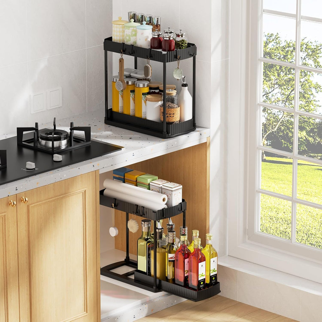 2 Pack Under Sink Organizer, Multi-Purpose Pull Out Cabinet Organizer and Storage for Bathroom & Kitchen, 2 Tier Sliding Cabinet Organizer Drawer
