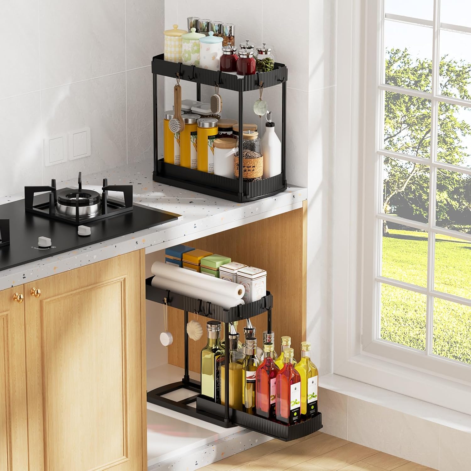 2 Pack Under Sink Organizer, Multi-Purpose Pull Out Cabinet Organizer and Storage for Bathroom & Kitchen, 2 Tier Sliding Cabinet Organizer Drawer