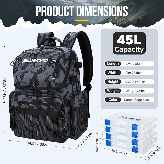 PLUSINNO Cooler Fishing Backpack with Rod Holders 45L Large Water-resistant Fishing Tackle bag Store Fishing Gear Fishing Gifts for Men Father