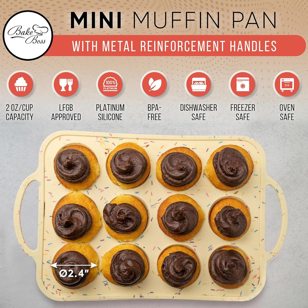 2 Pack Silicone Mini Muffin Pan 12 Count – Non-Stick Silicone Muffin Pans for Baking, BPA-Free Cupcake Pans for Baking, Easy Release, Metal Handles, Oven & Dishwasher Safe