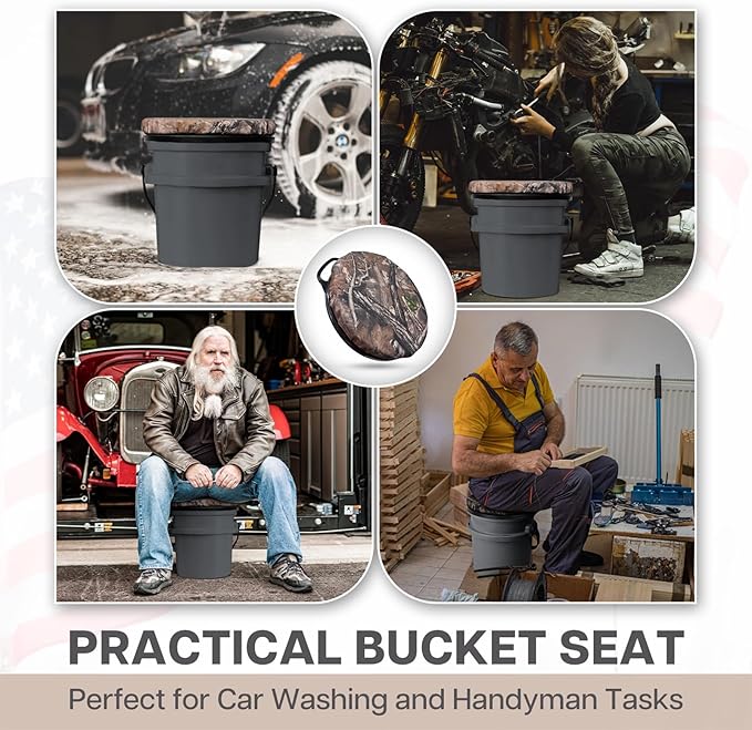 5 Gallon Bucket Seat for Yeti Bucket Only, Swivel Bucket Lid with Padded Top for Cozy Sitting, Bucket Seat Cushion for Outdoor Fishing,Hunting,Gardening, Baseball Training, Camo Leaves