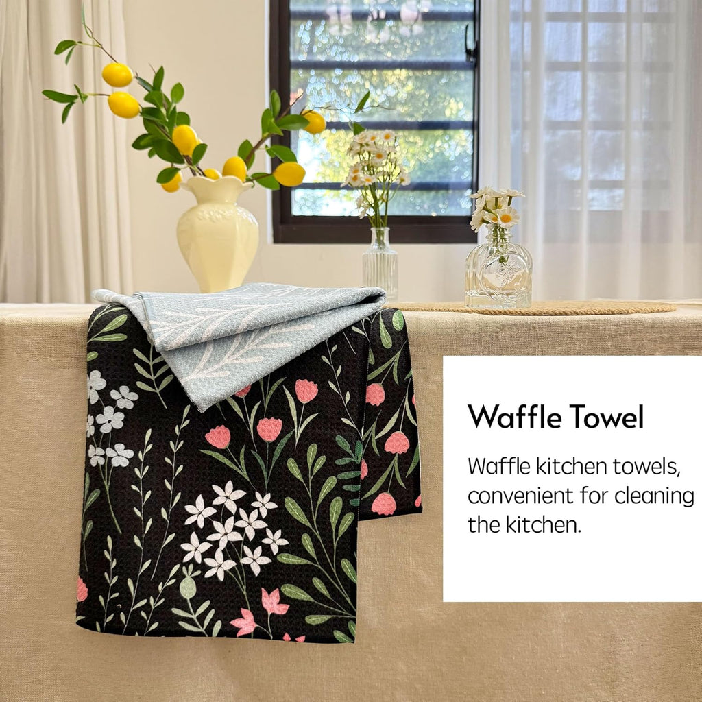 Kitchen Towels, 18" x 30" Dish Towels for Kitchen Drying, Quick Dry Tea Towels, Premium Microfiber Dish Cloths, Midnight Bloom Series, 2-Pack