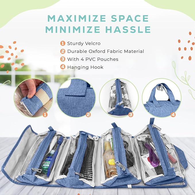 4-in-1 Hanging Toiletry Bag | Roll-up Makeup Organizer With 4 Detachable PVC Zip Pouches| Travel Toiletry Bag, 600D Oxford Fabric Material Organize Make up, Cosmetics