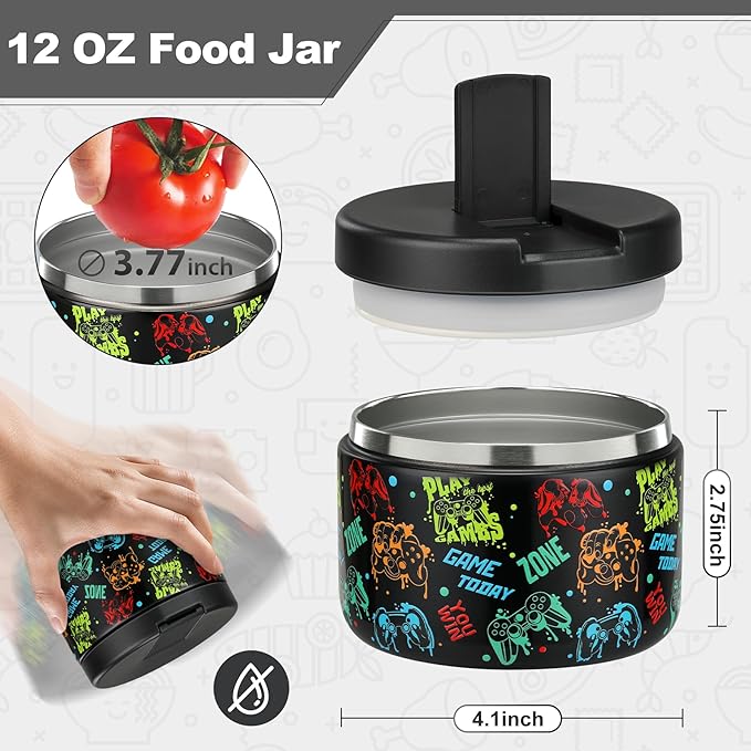12oz Kids Soup Thermo for Hot Food Insulated Vacuum Food Jar with Buckle Lid, Stainless Steel Wide Mouth Leak Proof Lunch Container for School Travel 1 Pack
