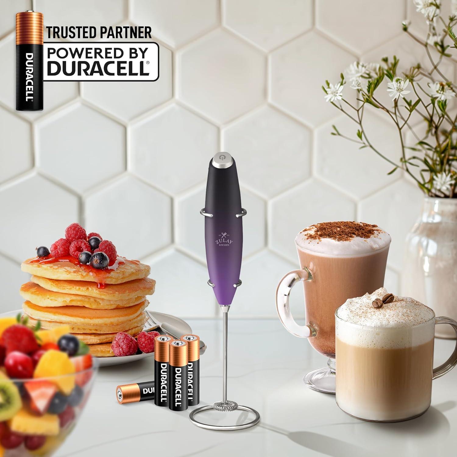 Zulay Kitchen Powerful Milk Frother Wand With 4 AA Duracell Batteries - Ultra Fast Handheld Drink Mixer - Electric Whisk Foam Maker for Coffee, Lattes, Cappuccino, Matcha & Creamer -
