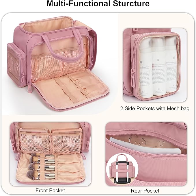 Travel Toiletry Bag for Women, Lightweight Wide-open Cosmetic Travel Bags for Toiletries with 2 Removable Dividers, Large Makeup Organizer with Brushes Board, Multi Pockets for Gym, Daily, Pink