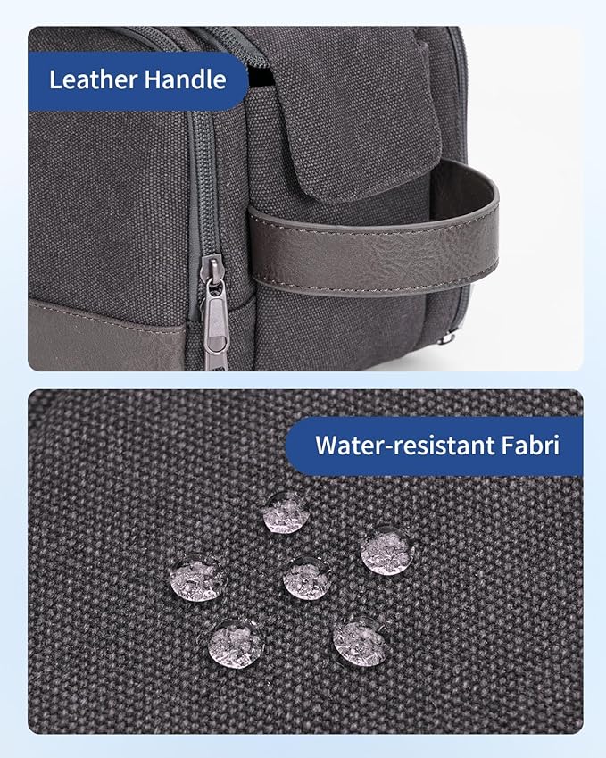 WANDF Toiletry Bag for Men Travel Toiletry Organizer Canvas and Leather Dopp Kit Water-Resistant Shaving Bag for Travel Accessories (Grey, Patent Pending)