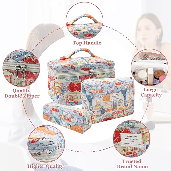 3pc Makeup Bag Set, Quilted Makeup Bag Set, Large Floral Cosmetic Bag for Women, Cute Cotton Makeup Bags, Flower Travel Toiletry Organizer Bag (Rabbit Print)