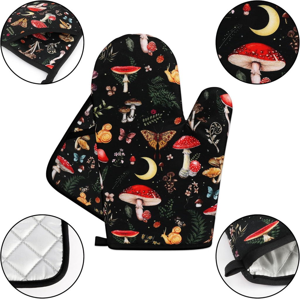 Mushroom Oven Mitts and Pot Holders Sets Cute Oven Gloves Heat Resistant 4 Pcs Funny Decorative Kitchen Hot Pads and Mitts for Baking Cooking Grilling