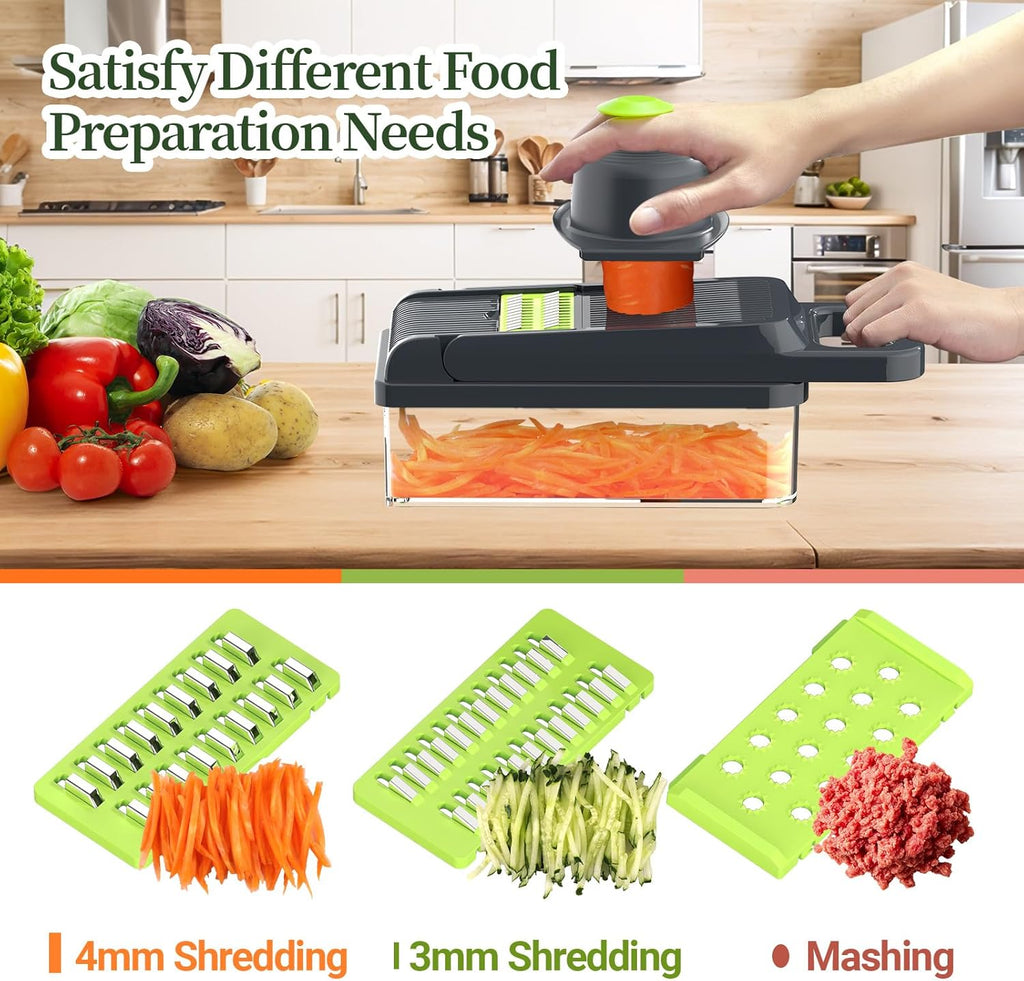 12-in-1 Vegetable Chopper, 7 Blades Veggie Chopper with Container and Lid, Dicer, Slicer, Multifunctional Kitchen Gadgets, Vegetable Cutter with Handle, Onion Cutter(Green/Grey)
