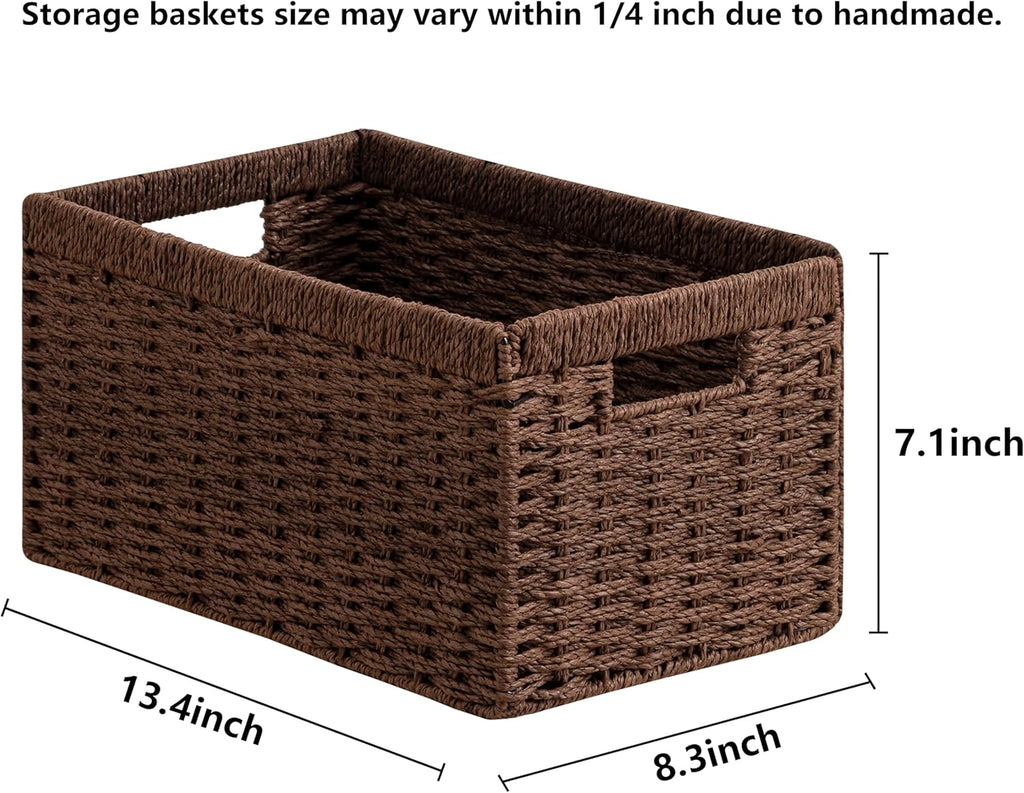 UBBCARE 2 Pack Wicker Basket, 13.4L×8.3H×7.1W inch Woven Paper Rope Storage Baskets for shelves, Foldable Rectangular Storage Baskets with Handle, Storage Basket for Organizing, Dark Brown