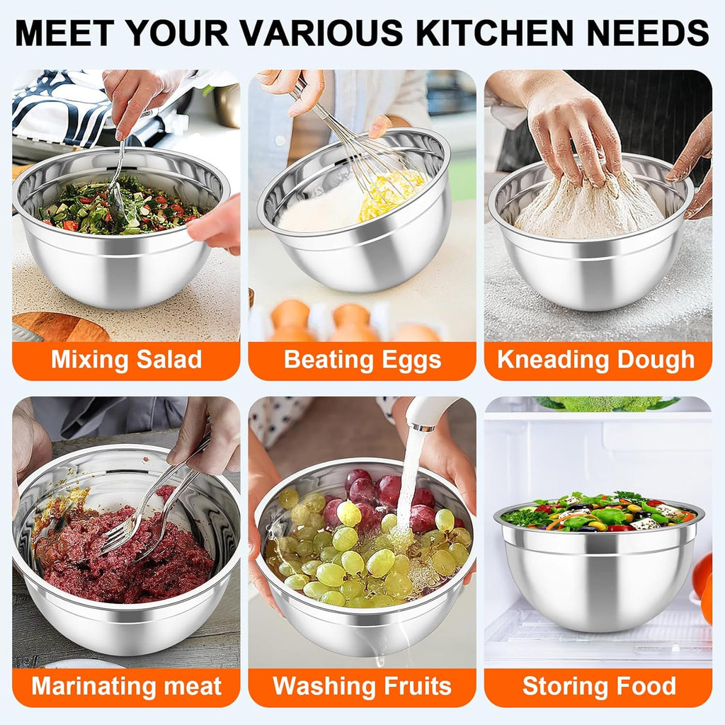 TeamFar Mixing Bowls with Airtight Lids, 5PCS Stainless Steel Metal Salad Bowl with 3 Grater Attachments, for Cooking, Prepping, Serving, Healthy & Easy Clean - 0.7/1/1.5/2.6/4.6QT, Black