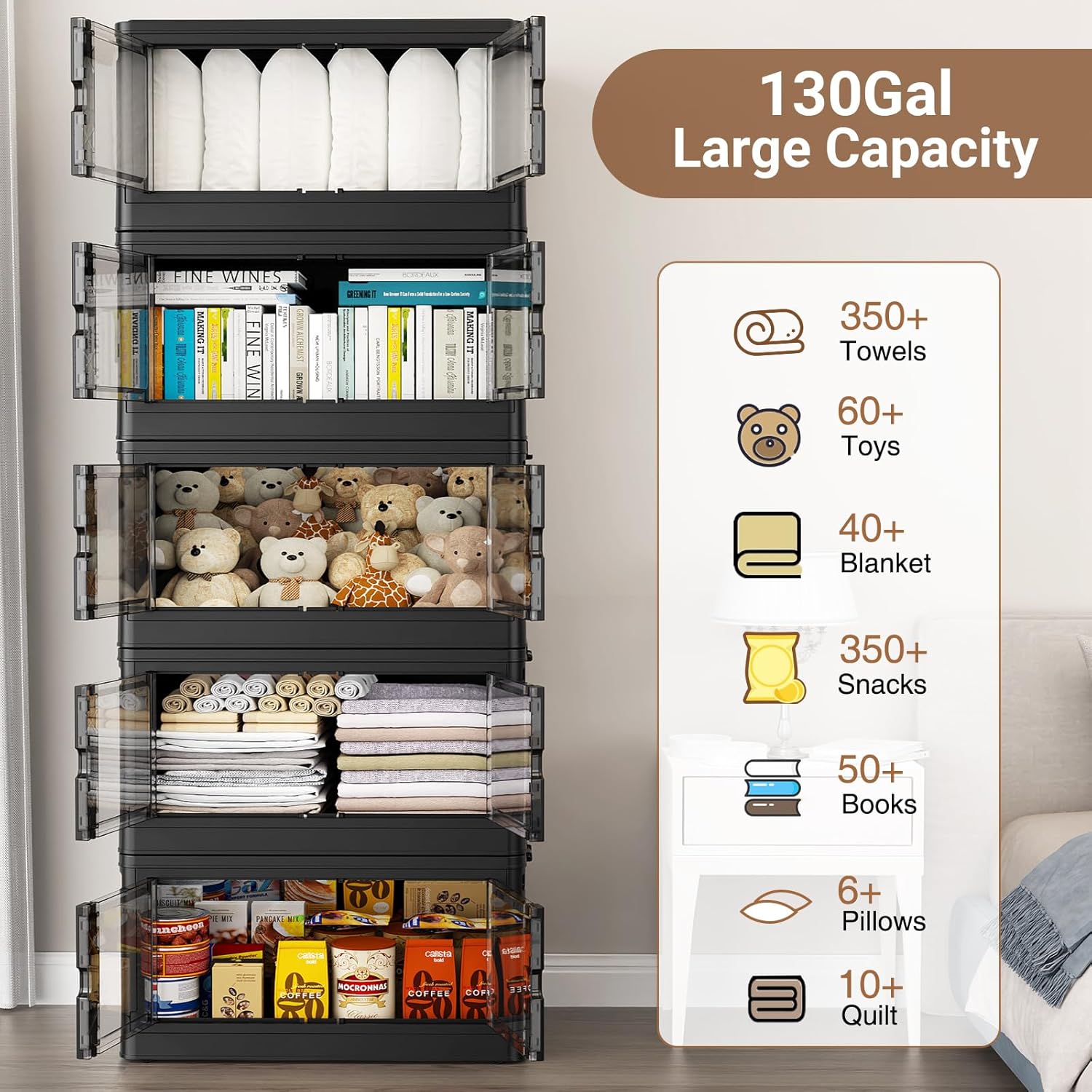 115Qt Stackable Storage Bins with Individual Lids & Wheels, Large Plastic Collapsible Latching Boxes Closet Organizers and Storage Cabinet Shelves Units for Home Kitchen Dorm, 1-Pack Black