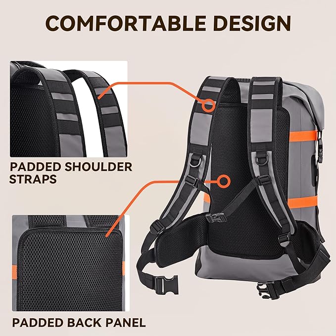 HEETA Waterproof Dry Bags Backpack 40L for Men & Women, Roll Top Heavy Duty Cushioned Hiking Backpack for Kayaking Boating Paddle Boarding Fishing Travel Camping Beach Vacation Cruise Ship Essentials