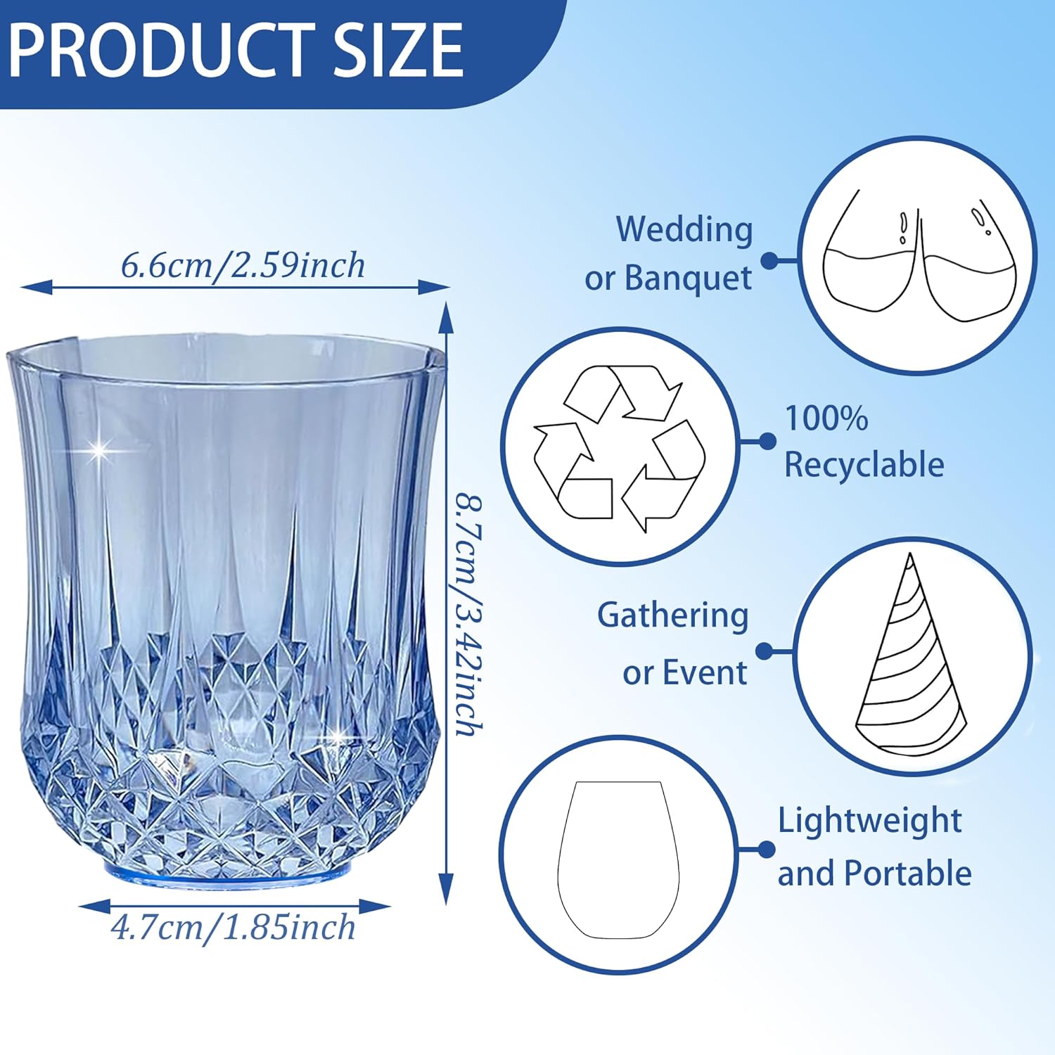 12 PCS Blue Stemless Wine Glasses，Plastic Reusable Cups 9OZ Vintage Drinking Glasses Tumblers for Whisky, Beer, Juice, Beverages, Cocktai