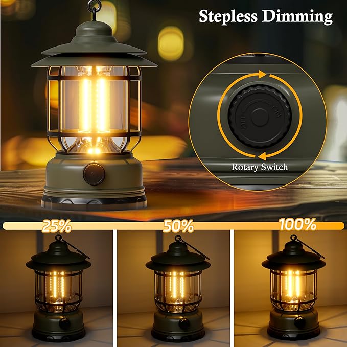 3 Pack LED Camping Lanterns Battery Powered Rechargeable Lantern with Stepless Dimming Vintage Portable Camping Lights & Lanterns for Emergency Fishing Camping Hiking Power Outage Tabletop