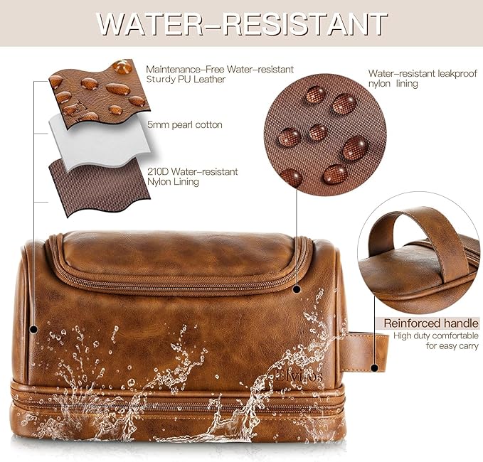 Elviros Toiletry Bag for Mens PU Leather Travel Organizer Kit with Hanging hook, Large Water-resistant Toiletries Bathroom Shaving Bags (Brown)