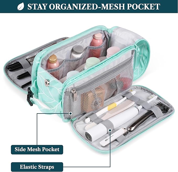 PAVILIA Toiletry Bag for Men Women, Mens Travel Bag Toiletries Organizer Case for Grooming, Travel Essentials Shaving Dopp Kit, PU Leather Water Resistant Cosmetic Pouch, Teal Chevron