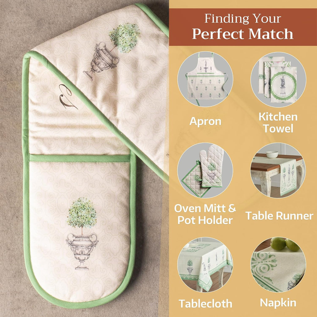 Maison d' Hermine Double Oven Mitts 100% Cotton 7"x35" Double Oven Mitt Heat Resistant BBQ Cooking Gloves with Loop, Baking, Grilling, Home, Kitchen, Handling Hot Pans Spring Summer (Jardin Du Roy)