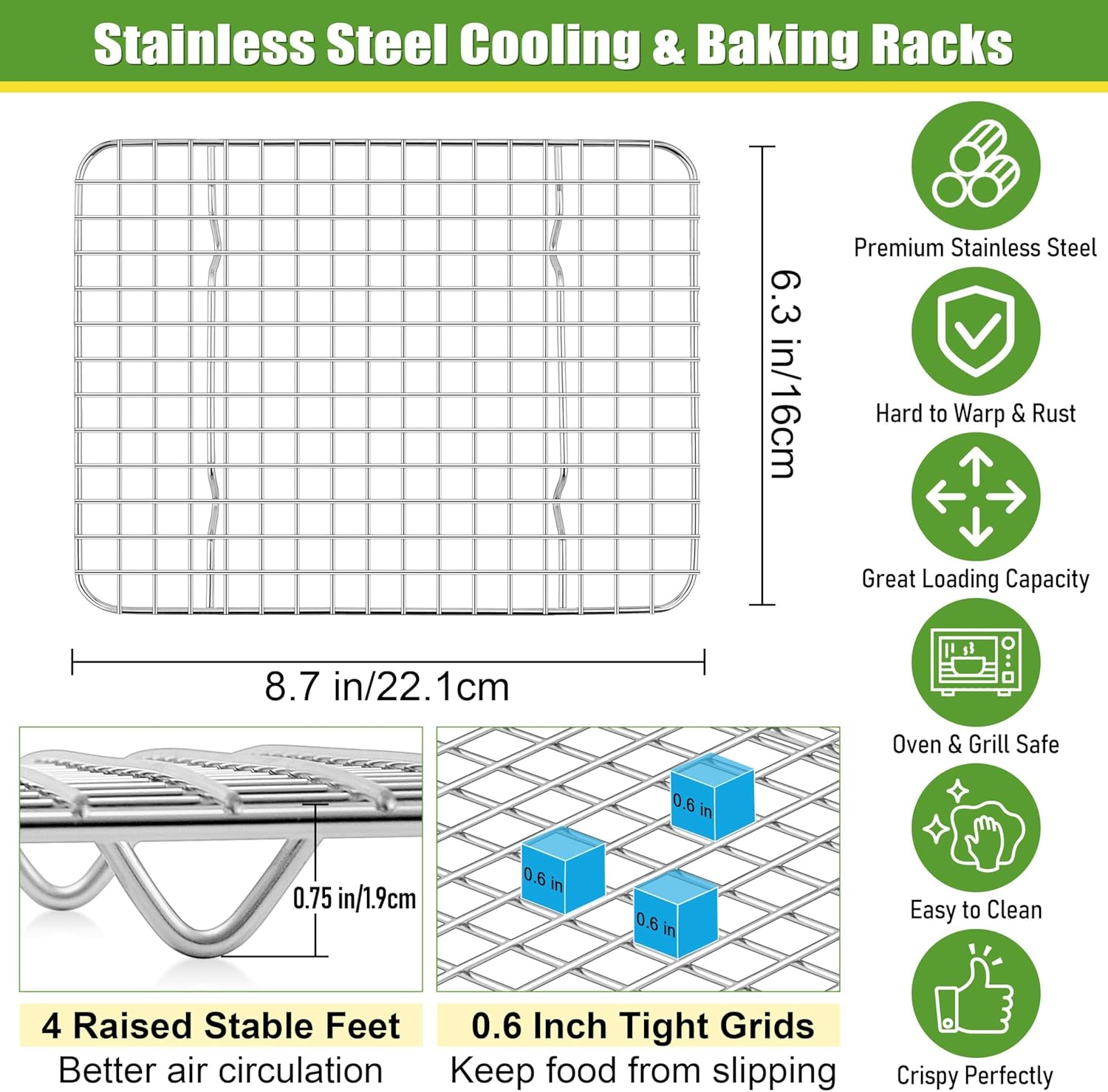 Homikit 2 Pack Cooling Rack Set, 8.7" x 6.3" Stainless Steel Baking Rack for Bacon Bread Pizza, Mini Metal Wire Oven Racks for Cooking Fit Small Toaster Oven Pan, Rust Free & Dishwasher Safe