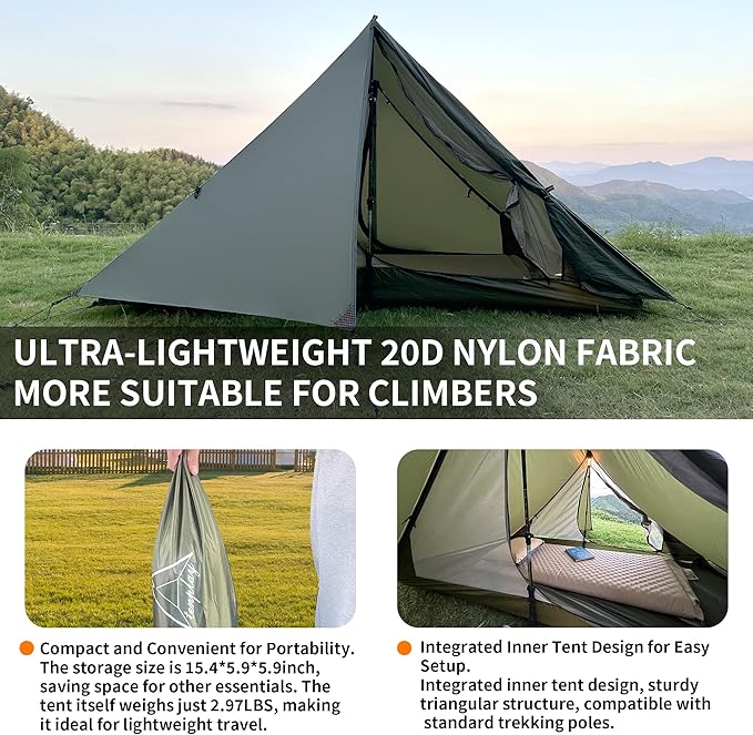 TENPLAY Backpacking Tent,Lightweight Camping Tent 2 Person,Ultralight Hiking Tent,Nylon,Waterproof,Windproof,Easy Setup,4 Season Trekking Tent for Mountaineering Camping Hiking Climbing