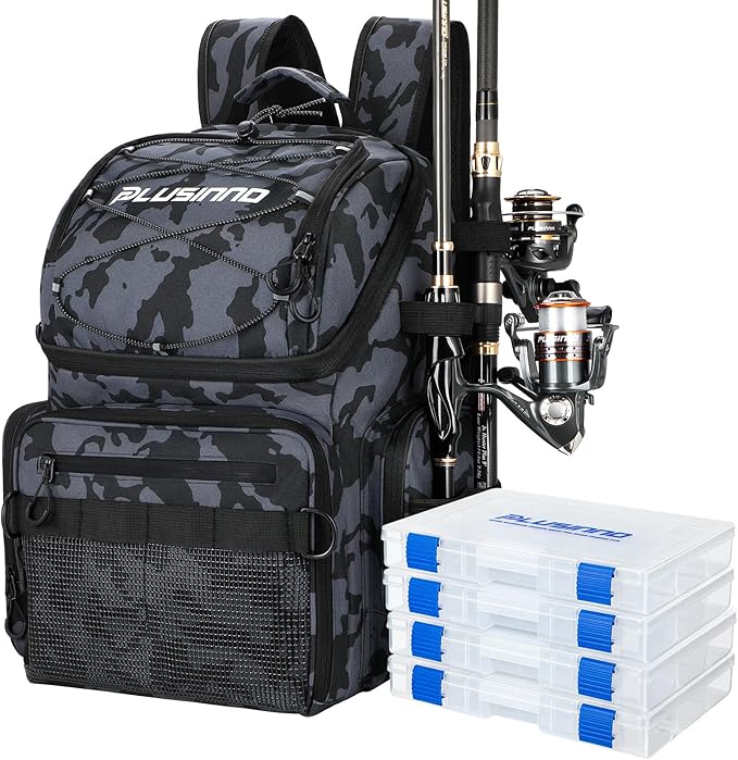 PLUSINNO Cooler Fishing Backpack with Rod Holders 45L Large Water-resistant Fishing Tackle bag Store Fishing Gear Fishing Gifts for Men Father