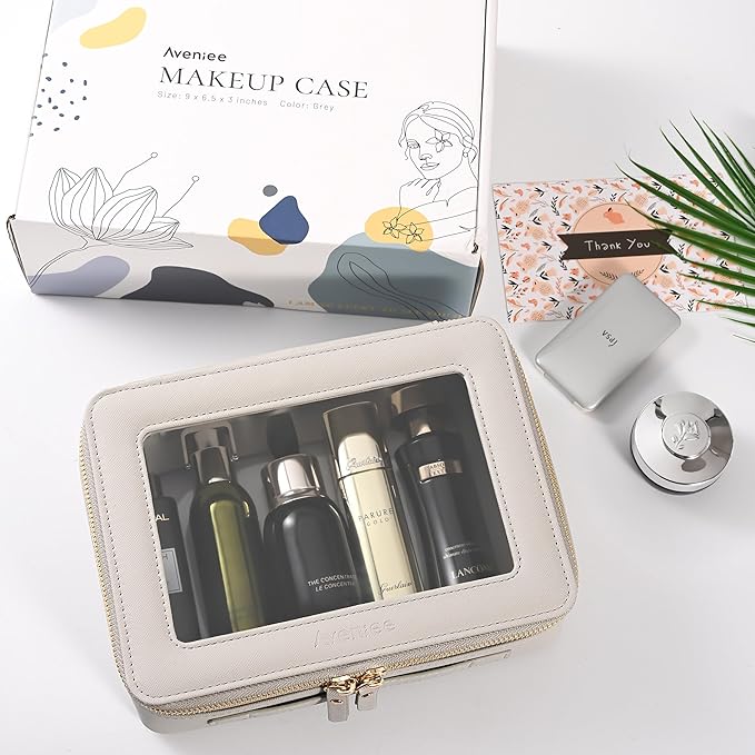 Aveniee Clear Makeup Bag for Women, Large Clear Cosmetic Bags Travel Toiletry Bag, Heavy Duty Makeup Organizer, Makeup Train Case with Clear Windows & Gold Zippers(Grey)