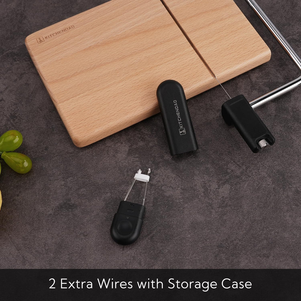 KITCHENDAO Replaceable Wire Cheese Slicer with Board, Tightness Adjustable Cheese Slicer, Beech Wood Cheese Cutter for Block Cheese, Easy to Replace, with 2 Extra Upgrade Strong Wires